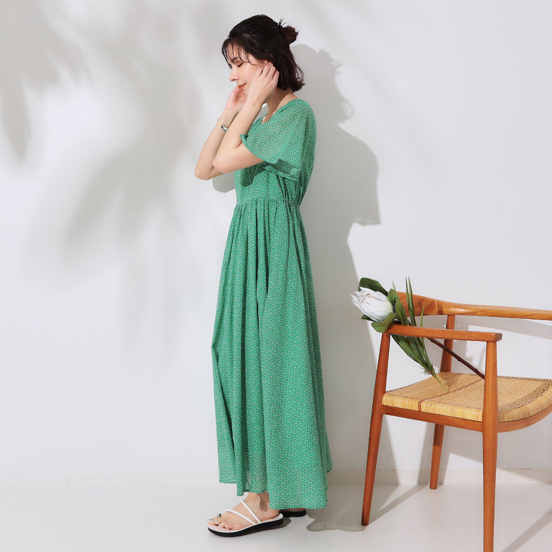 OPAQUE.CLIP「Vネックフィット＆フレアドレス/オーガニックコットン混【洗濯機洗い可】」|ワンピース|