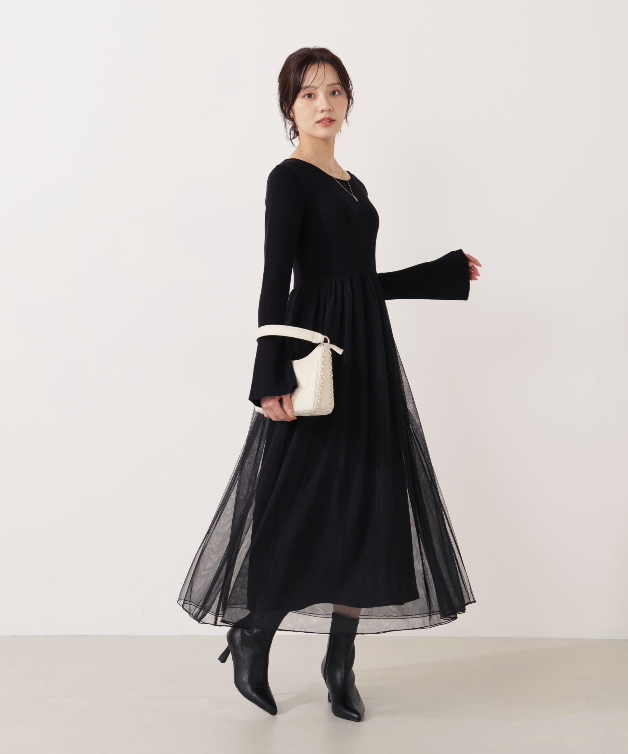 PROPORTION BODY DRESSING「《EDIT COLOGNE》チュールドッキングニットワンピース」|ワンピース|