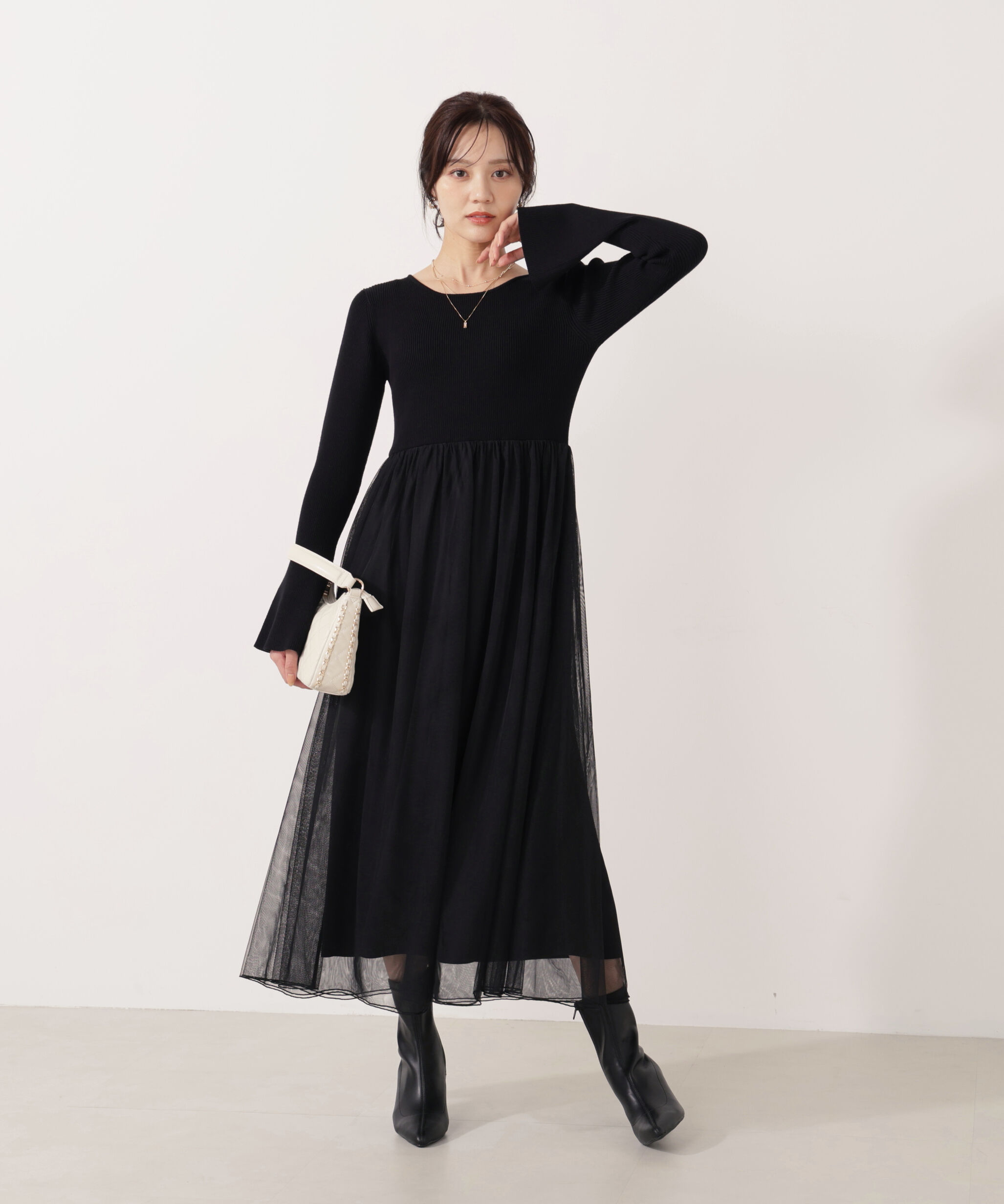 PROPORTION BODY DRESSING「《EDIT COLOGNE》チュールドッキングニットワンピース」|ワンピース|