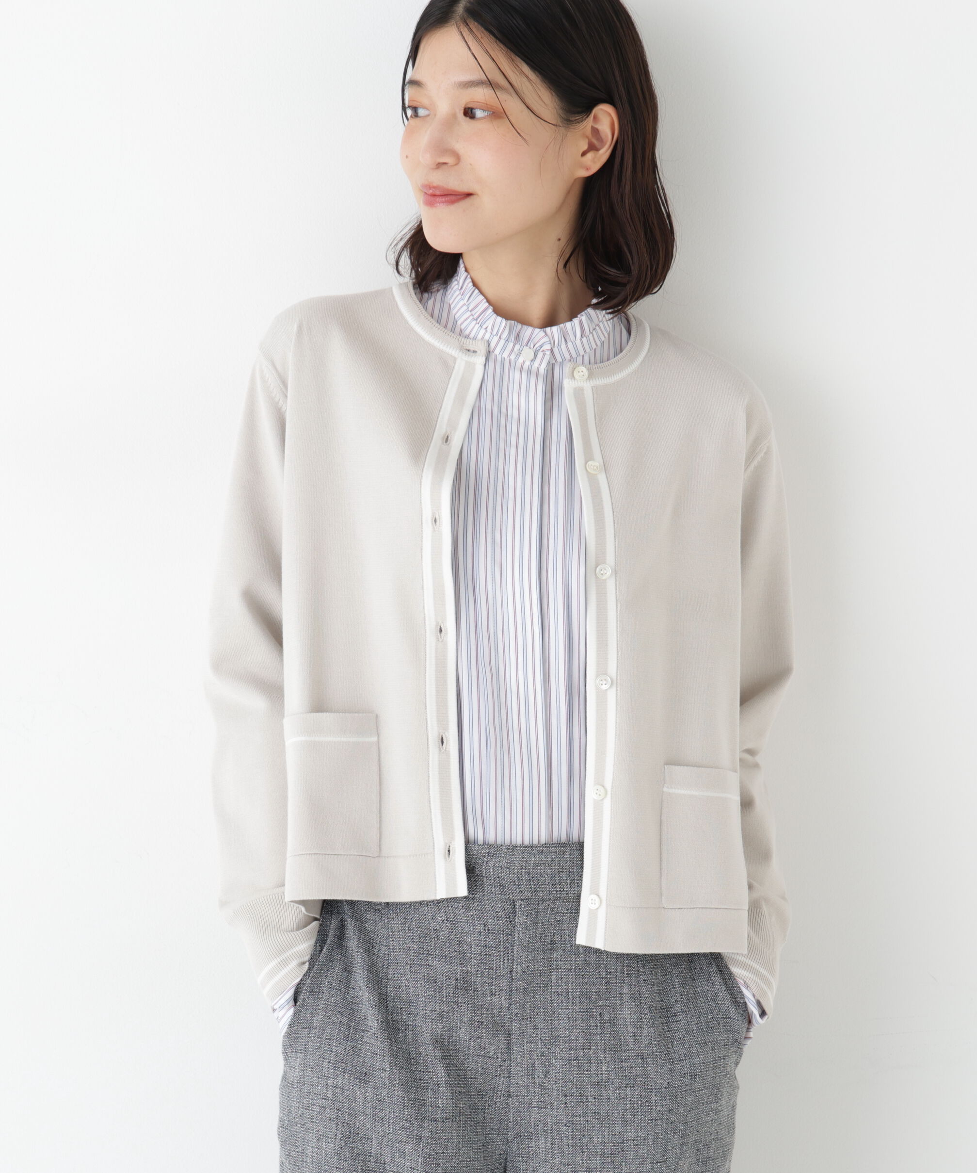  「◆オーガニックコットン混プレーティングライン入カーディガン」|ニット・セーター|グレージュ&times;  2