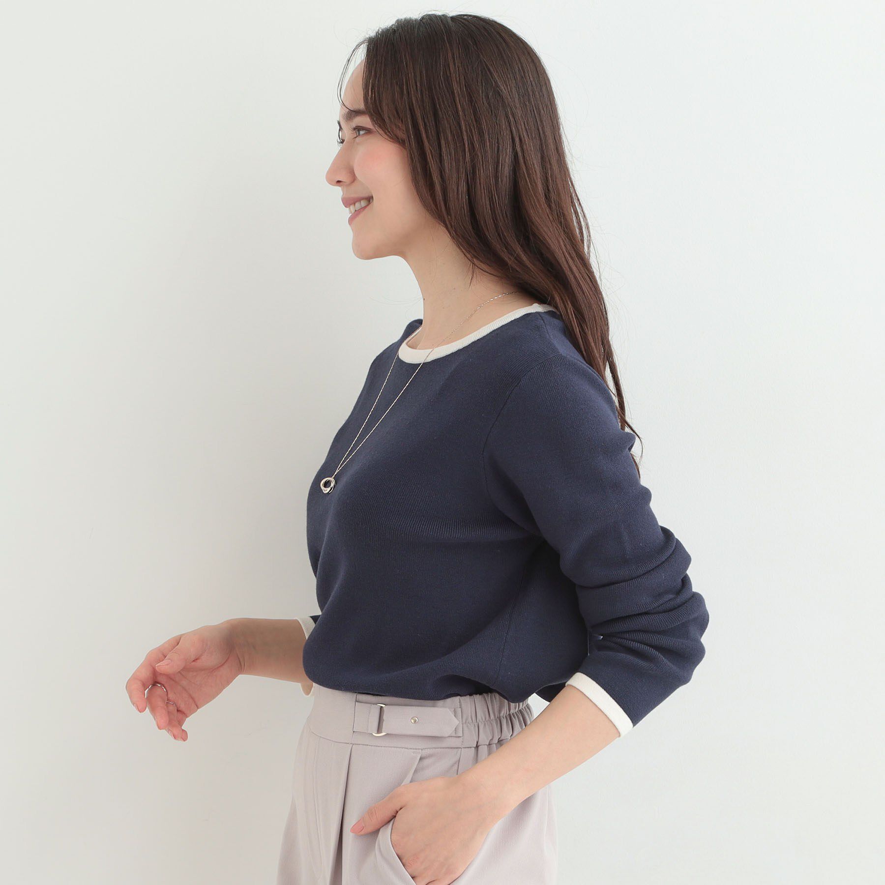 SHOO･LA･RUE「【洗濯機可/S-LL/アンサンブル可】すっきりと好印象 配色クルーネックニット」|ニット・セーター|