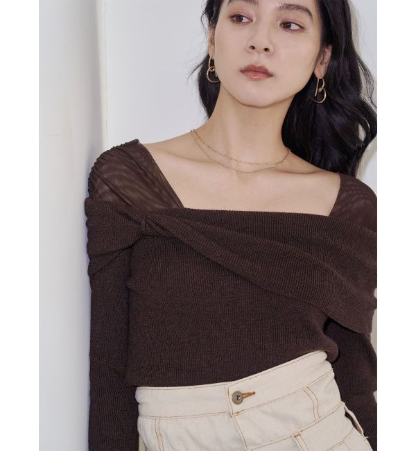LAGUNAMOON「チュールコンビオフショルニットプルオーバー」|ニット・セーター|ブラウン