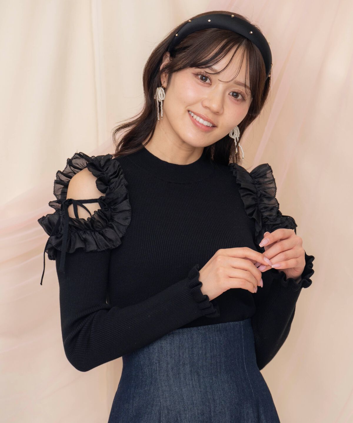 WILLSELECTION「フリルショルダーリブニット」|ニット・セーター|ブラック