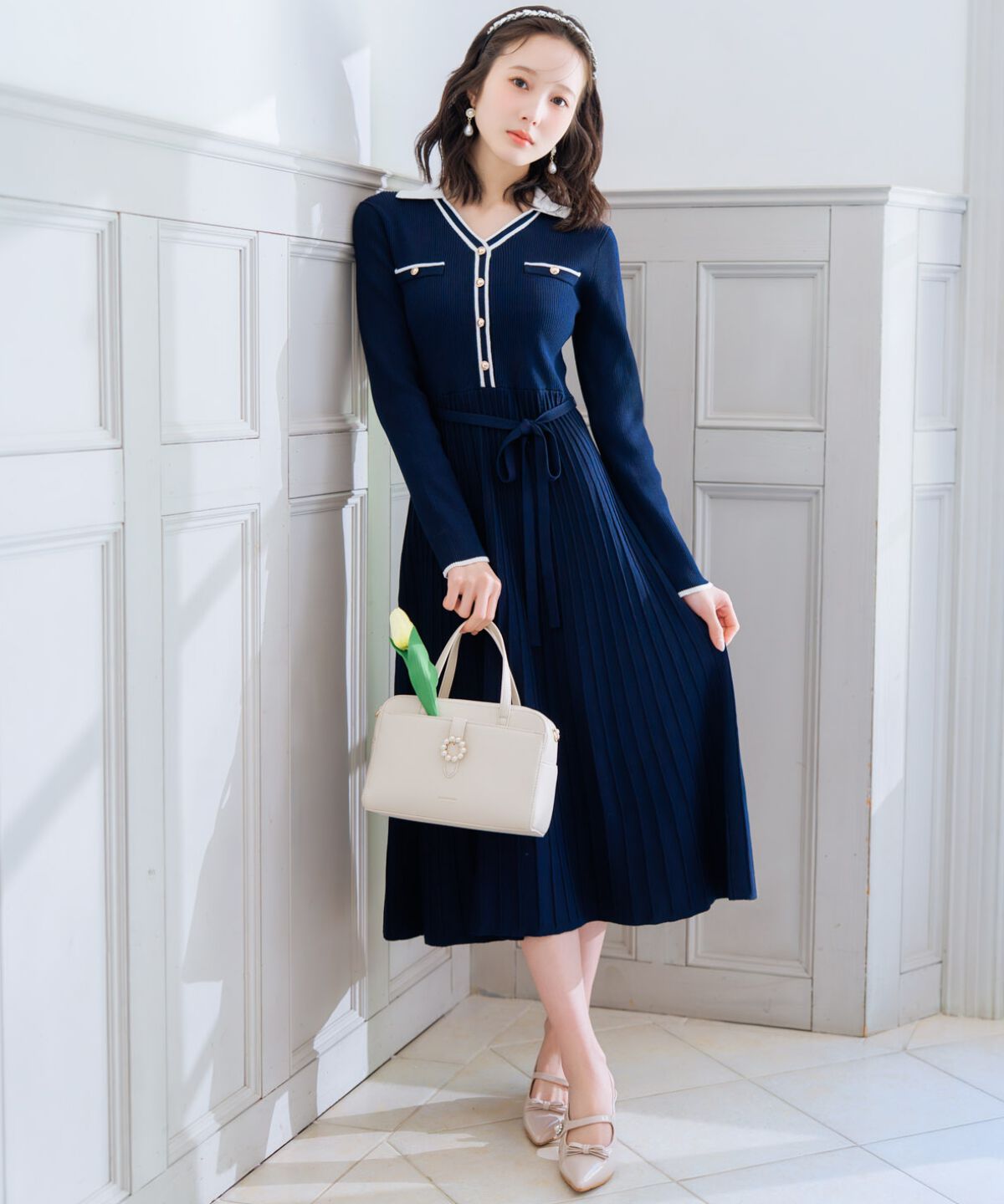 WILLSELECTION「バイカラープリーツニットワンピース」|ワンピース|ネイビー