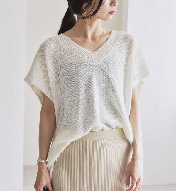 quaranciel「quaranciel:〈手洗い可能〉ラミー ミックス Vネック ノースリーブ シアー ニット」|ニット・セーター|