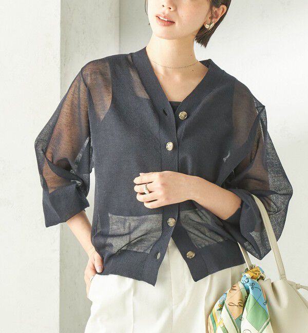 SHIPS for women「《予約》〈手洗い可能〉麻混 シアー Vネック カーディガン」|カーディガン|ネイビー