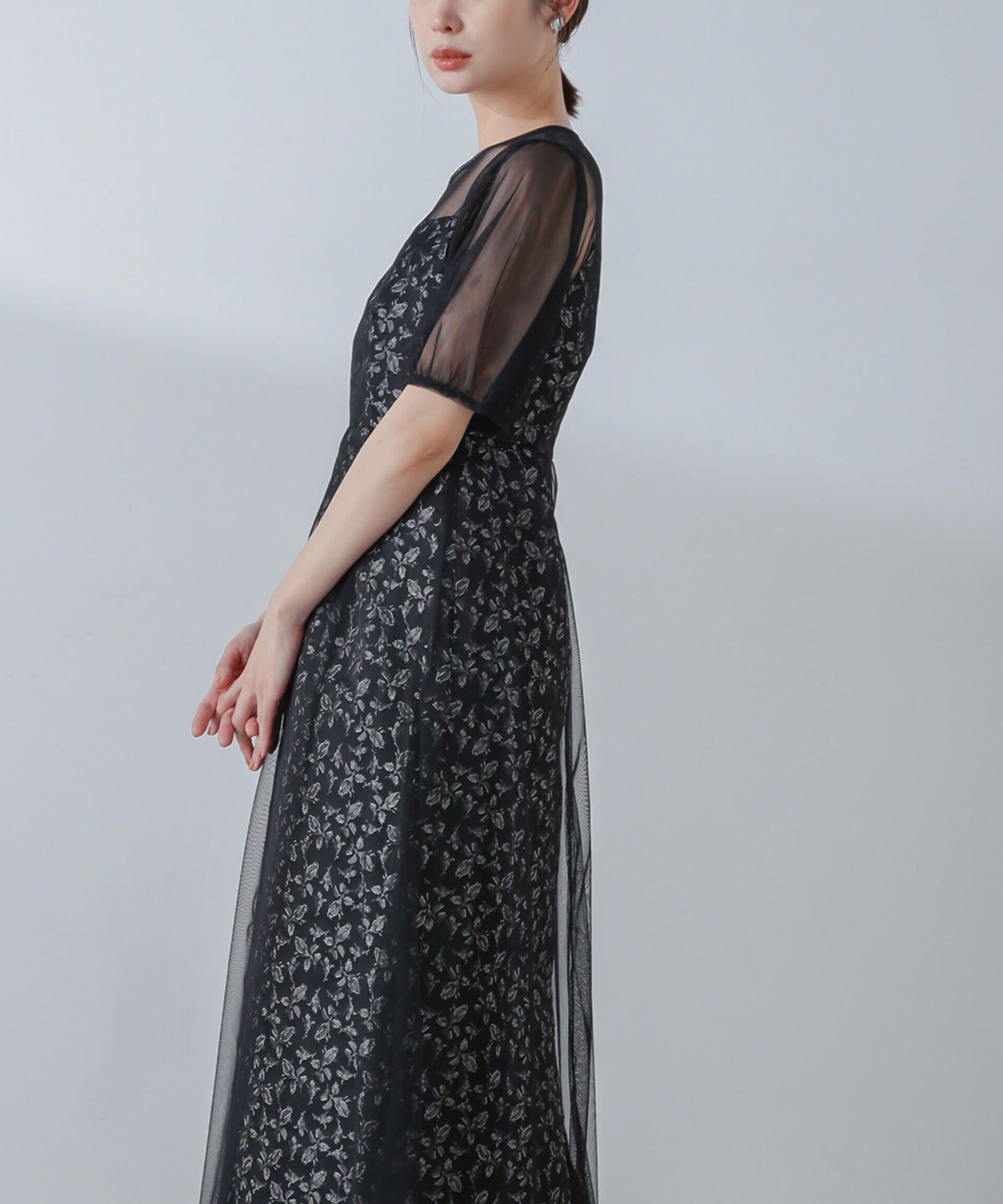 nano･universe「kaene/プリントジャガード&times;チュールドレス」|ワンピース|ブラック