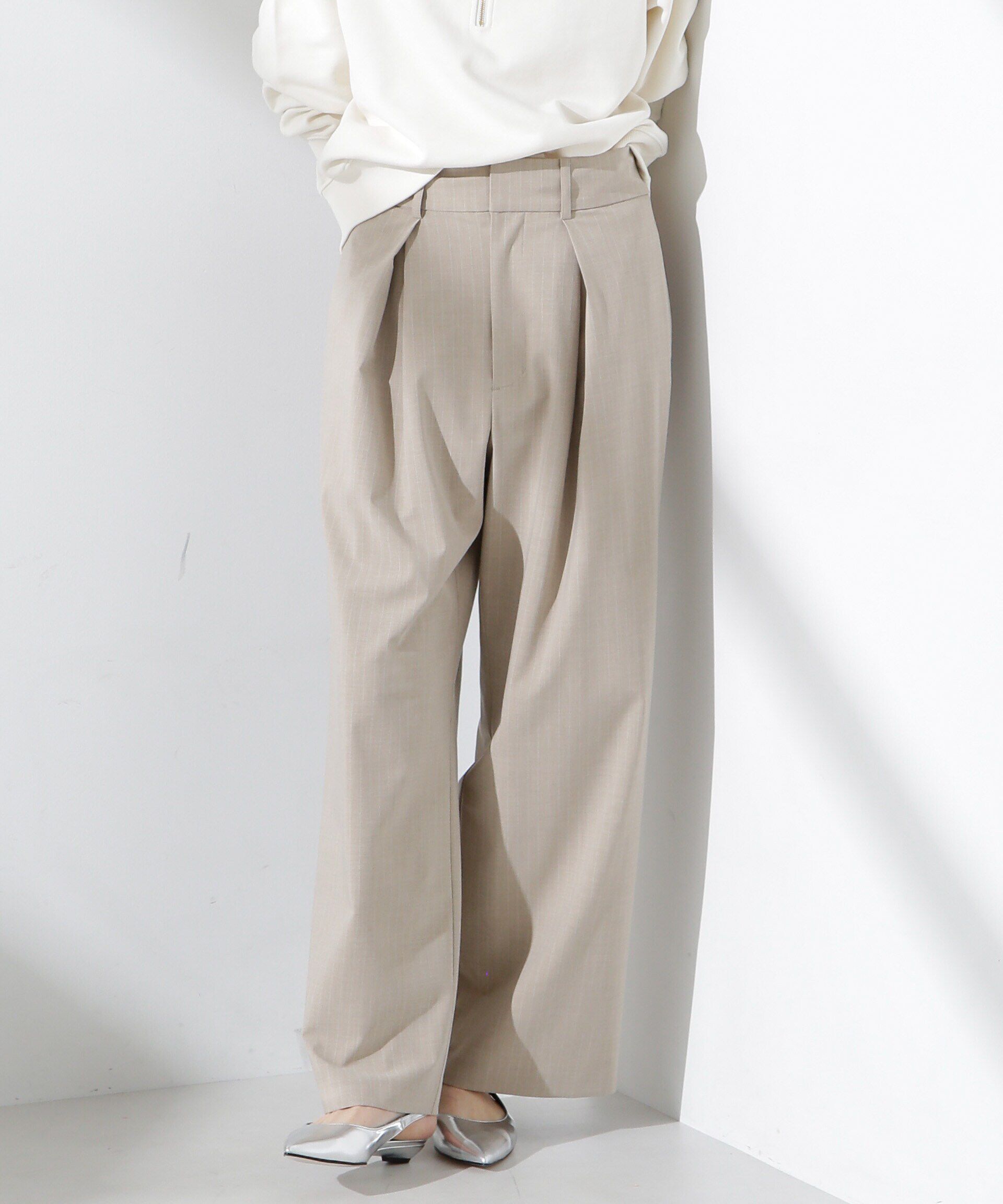 nano･universe「トロストレッチレイヤードタックワイドパンツ（セットアップ可）」|チノ|