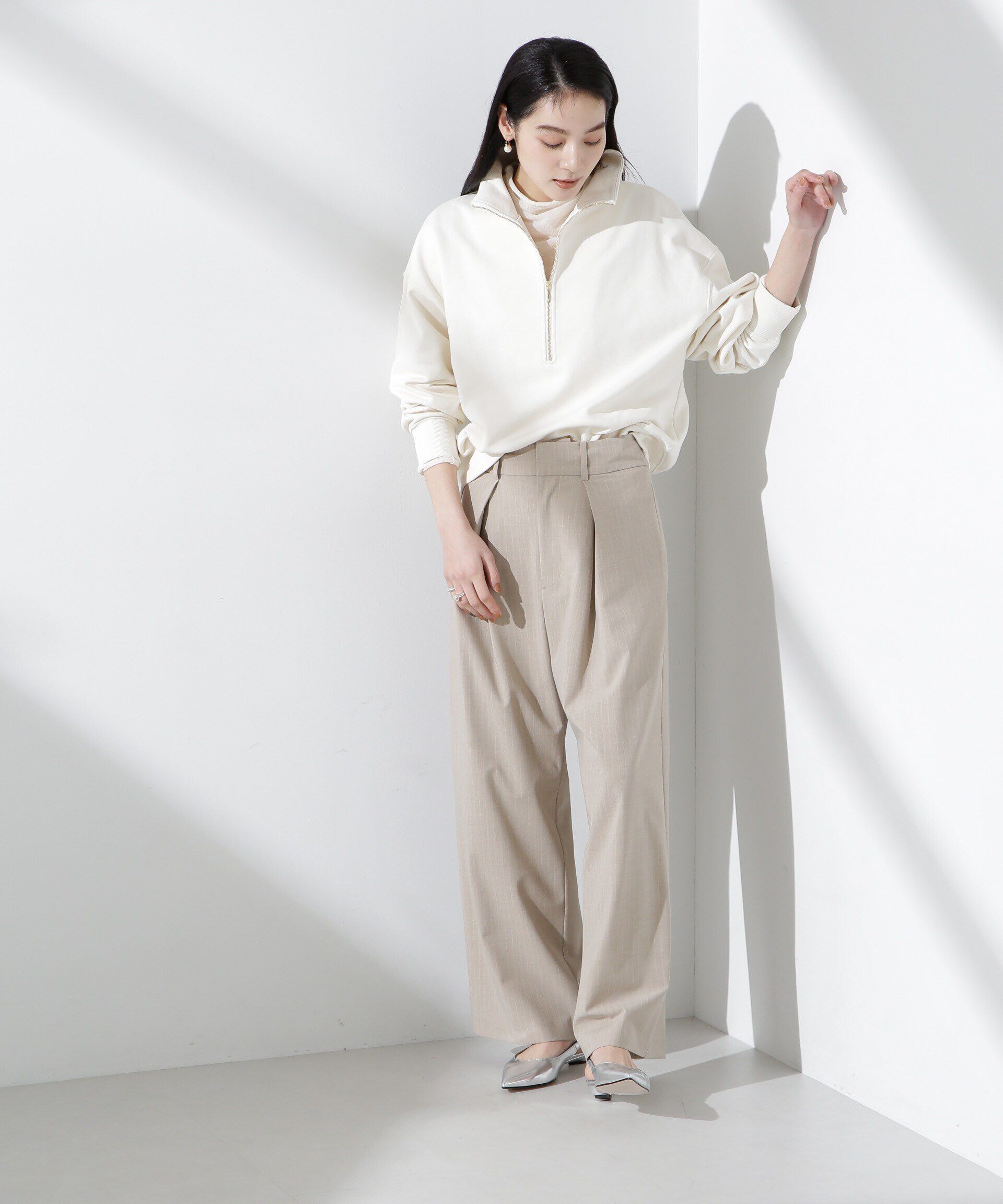 nano･universe「トロストレッチレイヤードタックワイドパンツ（セットアップ可）」|チノ|