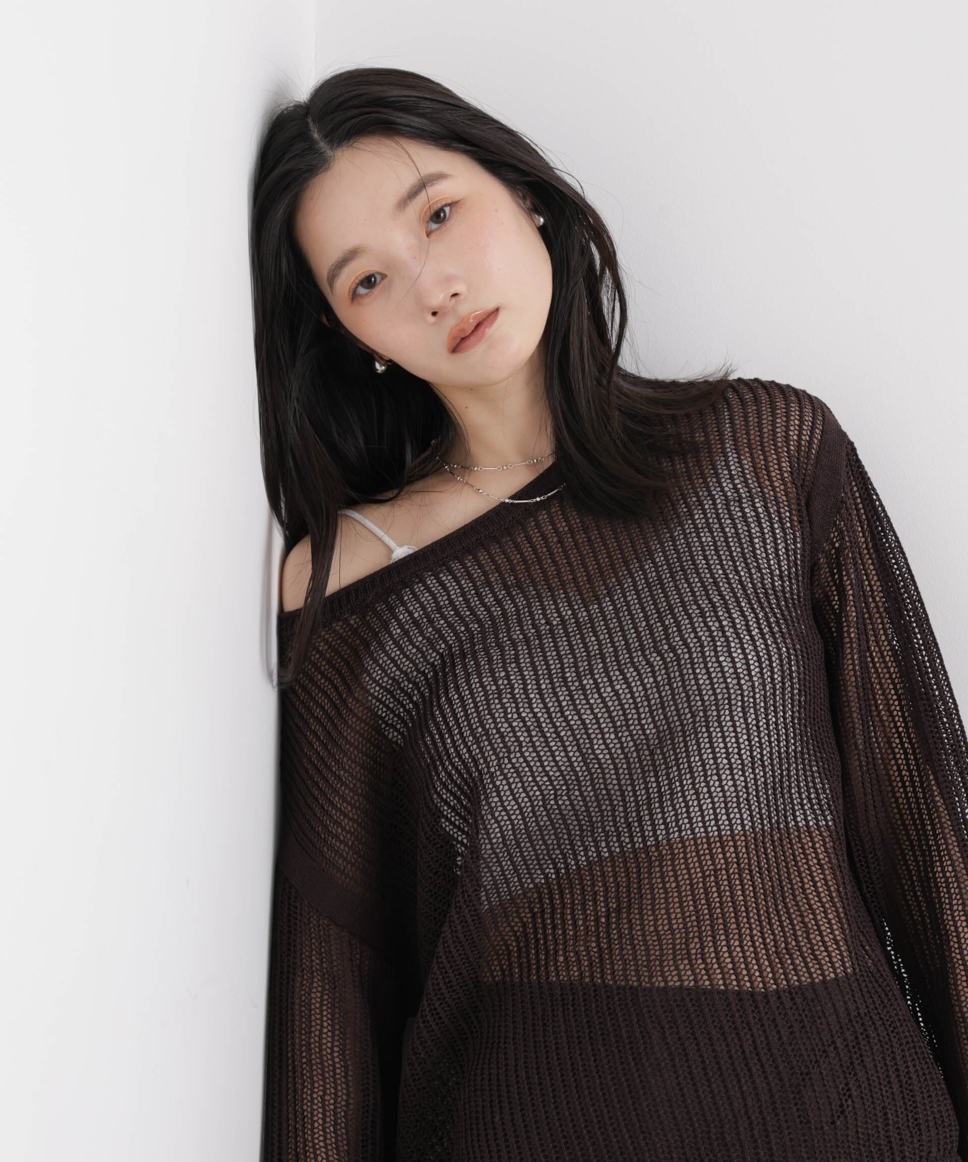 nano･universe「リネン混テープヤーンメッシュワイドニット」|ニット・セーター|ブラウン