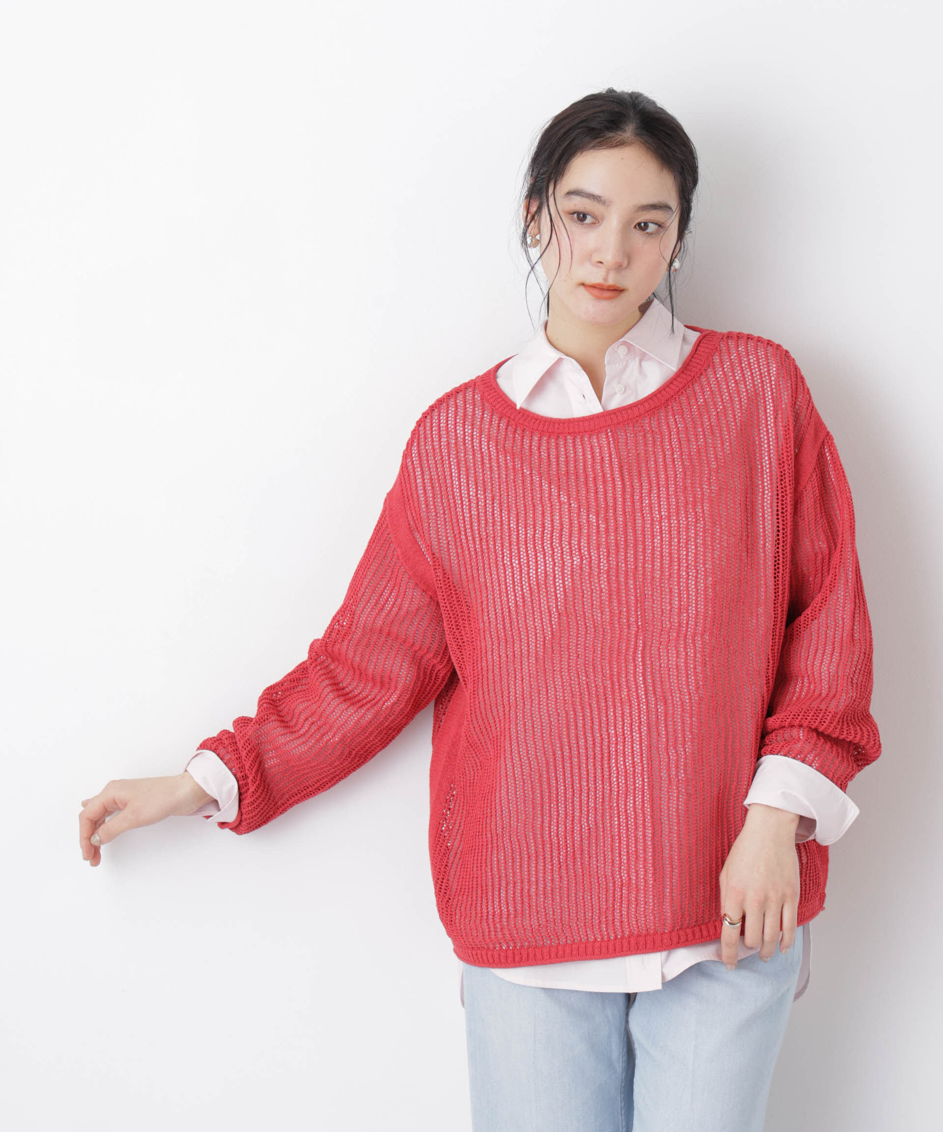 nano･universe「リネン混テープヤーンメッシュワイドニット」|ニット・セーター|レッド