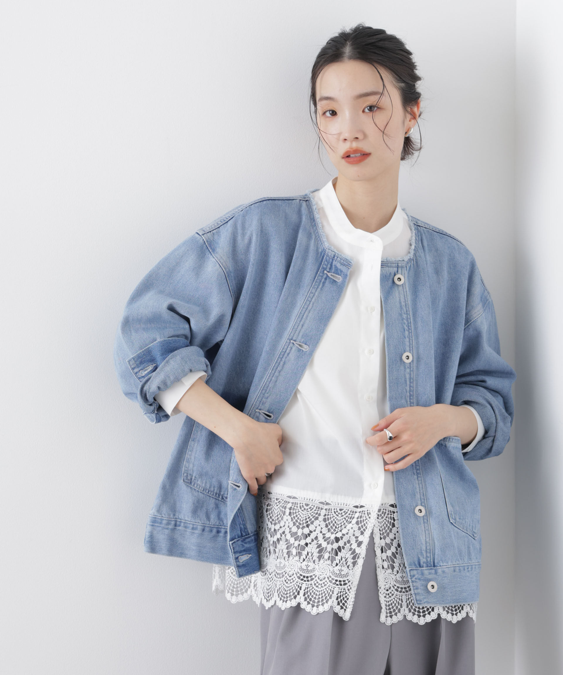 nano･universe「ノーカラーデニムジャケット」|テーラードジャケット|L.ブルー1