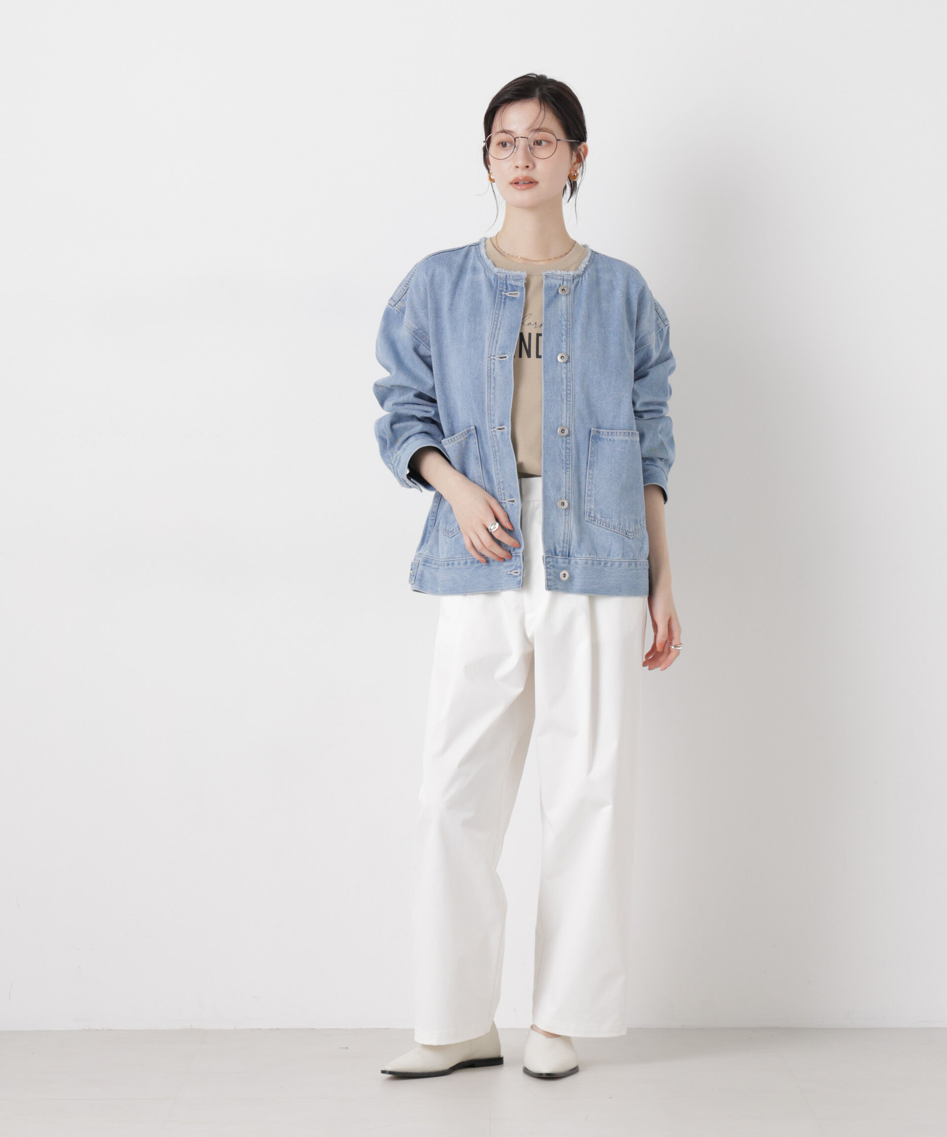 nano･universe「ノーカラーデニムジャケット」|テーラードジャケット|