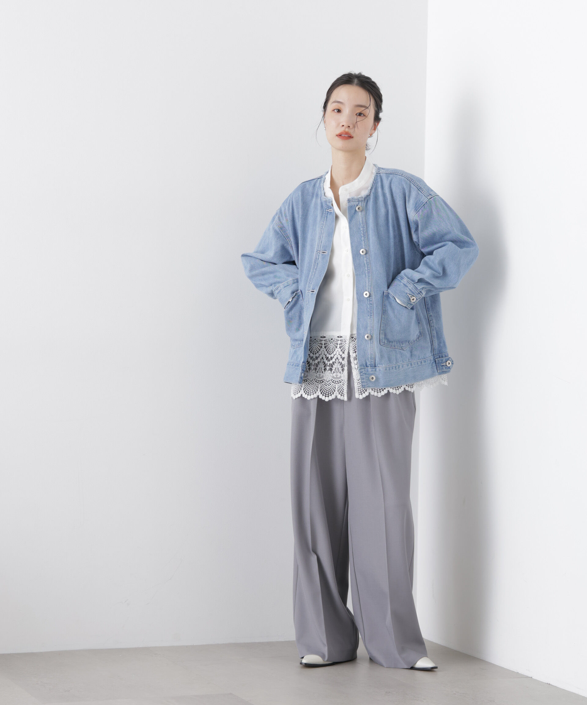 nano･universe「ノーカラーデニムジャケット」|テーラードジャケット|