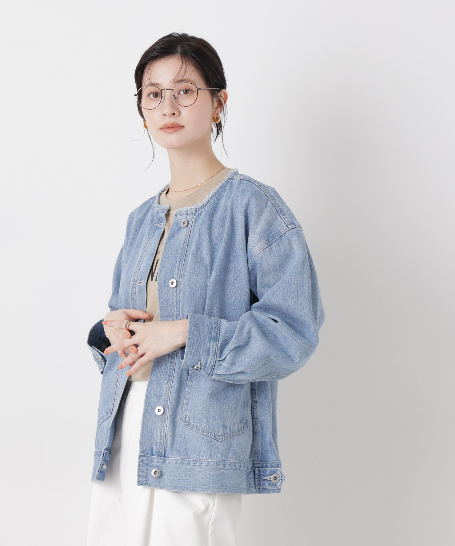 nano･universe「ノーカラーデニムジャケット」|テーラードジャケット|