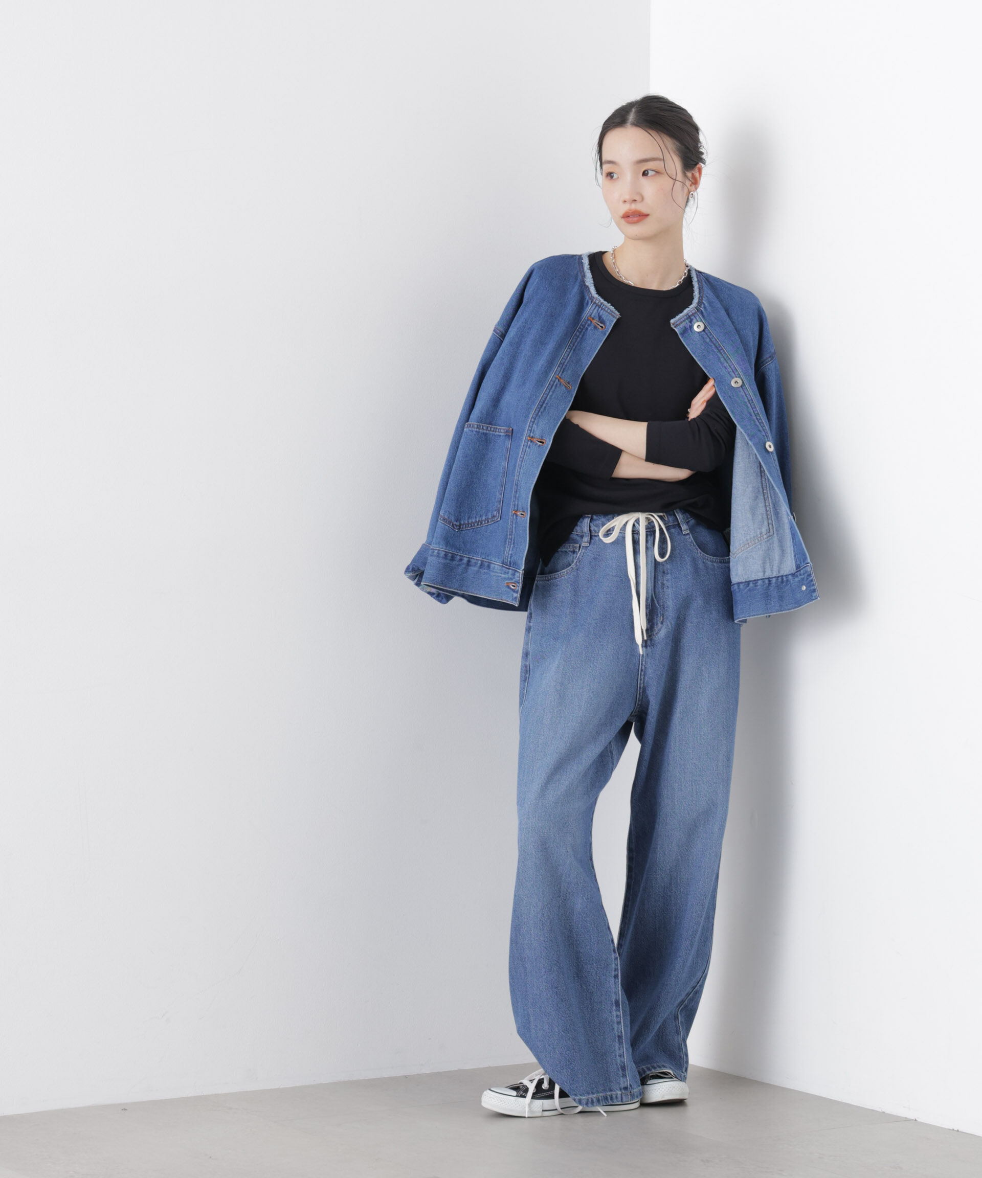 nano･universe「ノーカラーデニムジャケット」|テーラードジャケット|