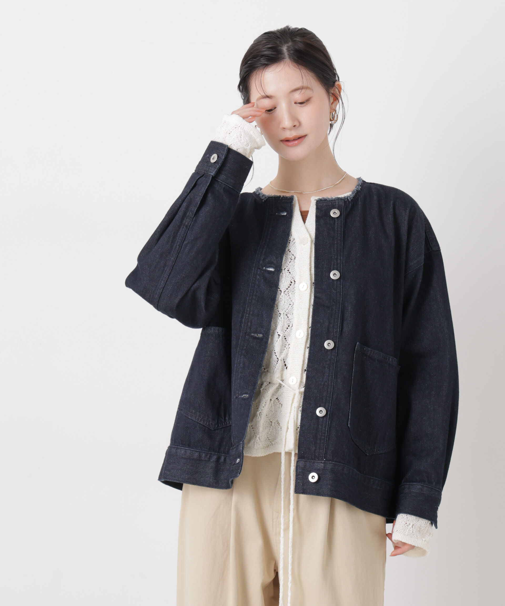 nano･universe「ノーカラーデニムジャケット」|テーラードジャケット|