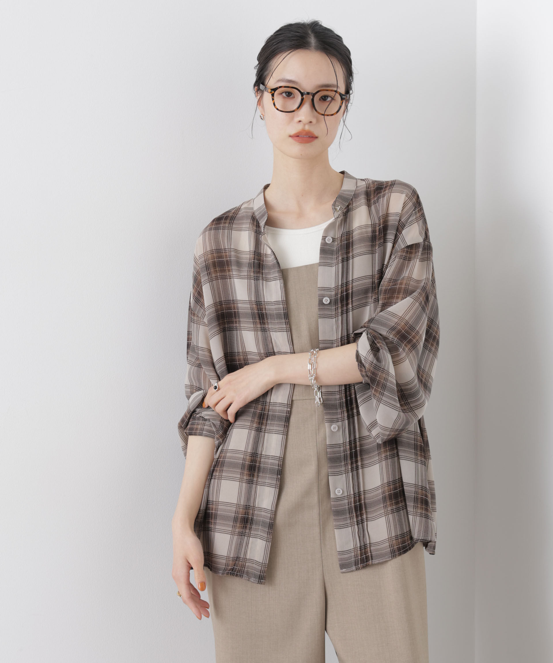 nano･universe「シアーチェックプリントピンタックスタンドカラーブラウス」|シャツ・ブラウス|