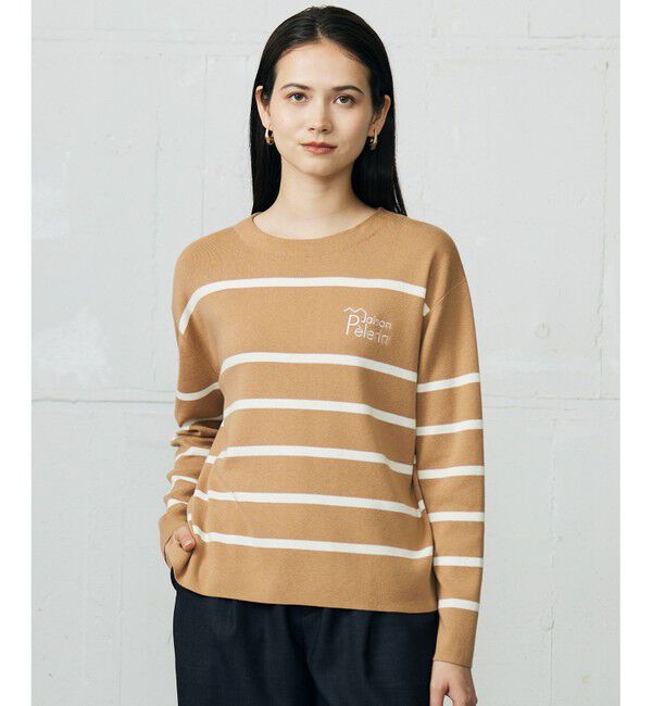 自由区「コットンウールハイゲージボーダー ニット」|ニット・セーター|キャメル&times;オフ