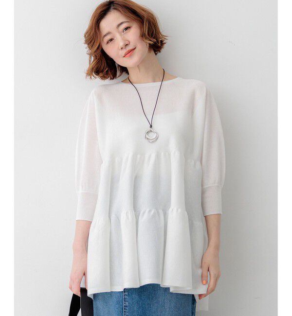 23区「シャイニーシアーニット ティアード チュニック」|ニット・セーター|ホワイト系