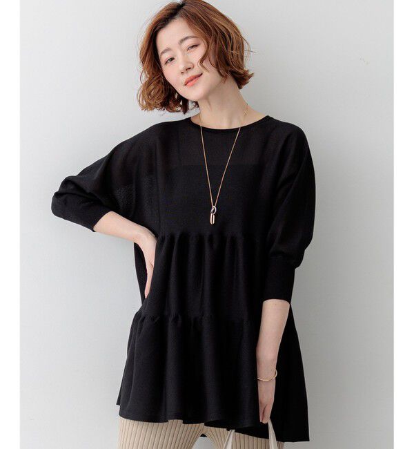 23区「シャイニーシアーニット ティアード チュニック」|ニット・セーター|ブラック系