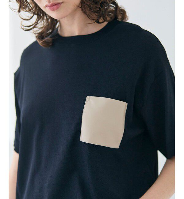 BEIGE,「【洗える】NADIA / レザーポケット付き半袖ニットTシャツ」|ニット・セーター|