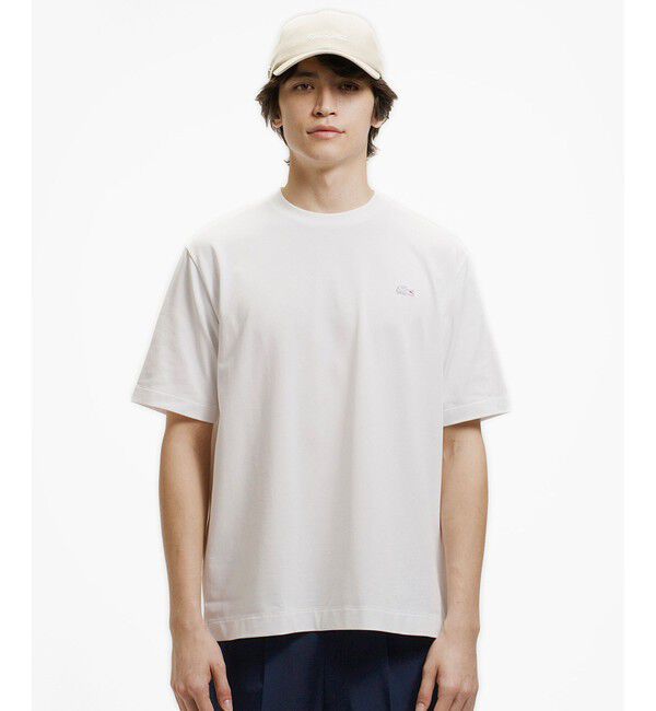 LACOSTE「二層構造 消臭 速乾 UVカット ワンポイント アウトラインロゴクルーネック半袖Tシャツ」|Tシャツ・カットソー|ホワイト