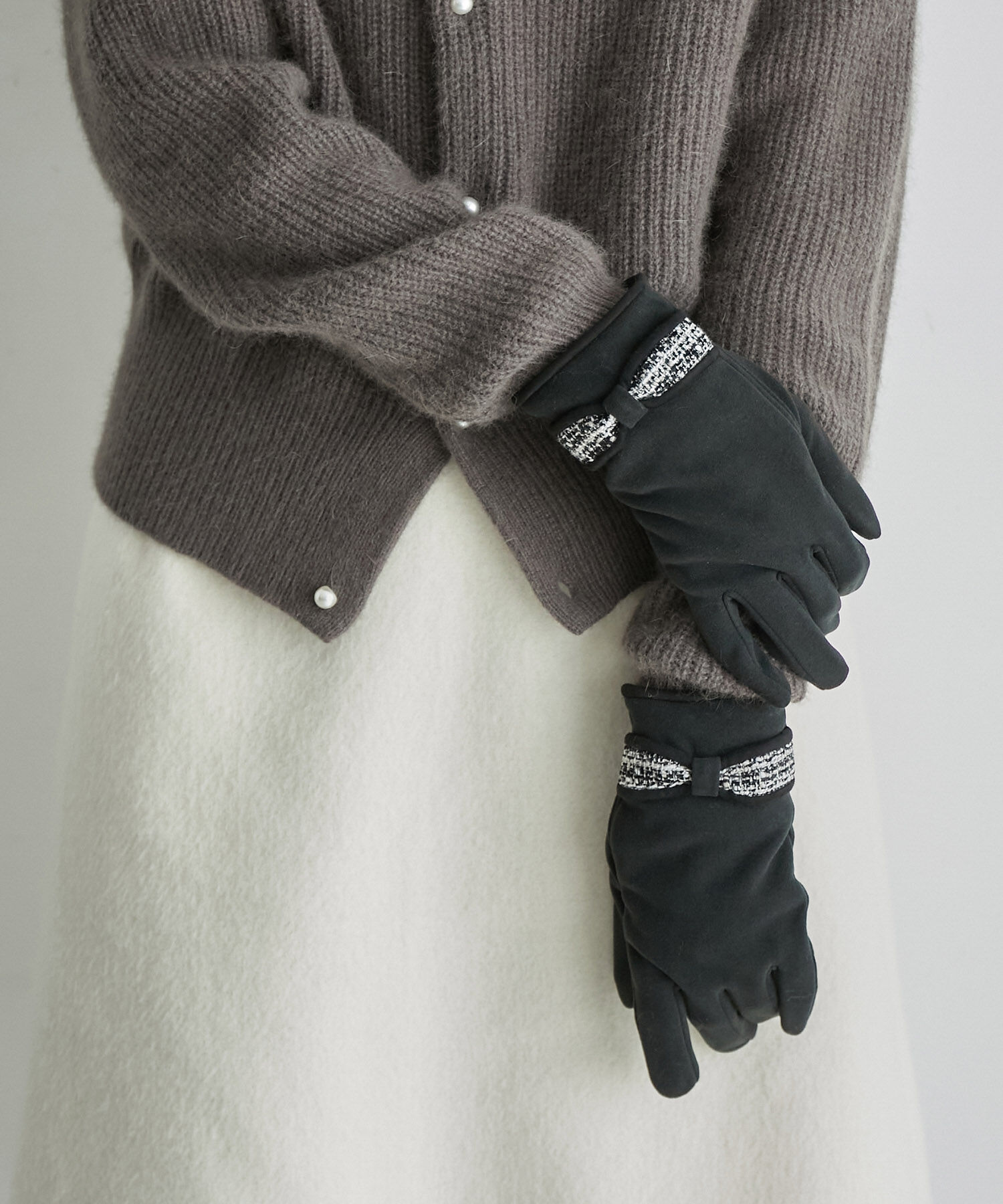 ROPE PICNIC PASSAGE「パイピングツイードリボングローブ」|手袋|ブラック(01)