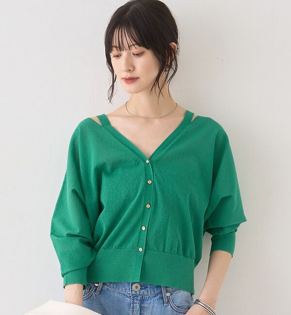 Rouge vif「ネックスリットVネックシアーカーディガン/ニット【予約】」|カーディガン|グリーン