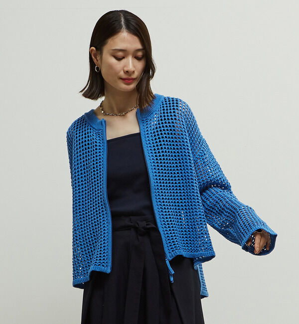 Soffitto「ジップ付きメッシュ編みニットカーディガン」|カーディガン|ブルー