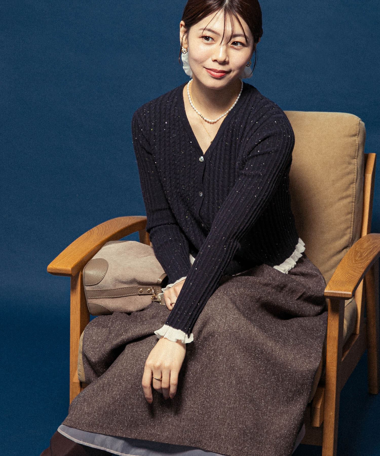 URBAN RESEARCH ROSSO「F by ROSSO　スパンコールフリルリブカーディガン」|カーディガン|ネイビー