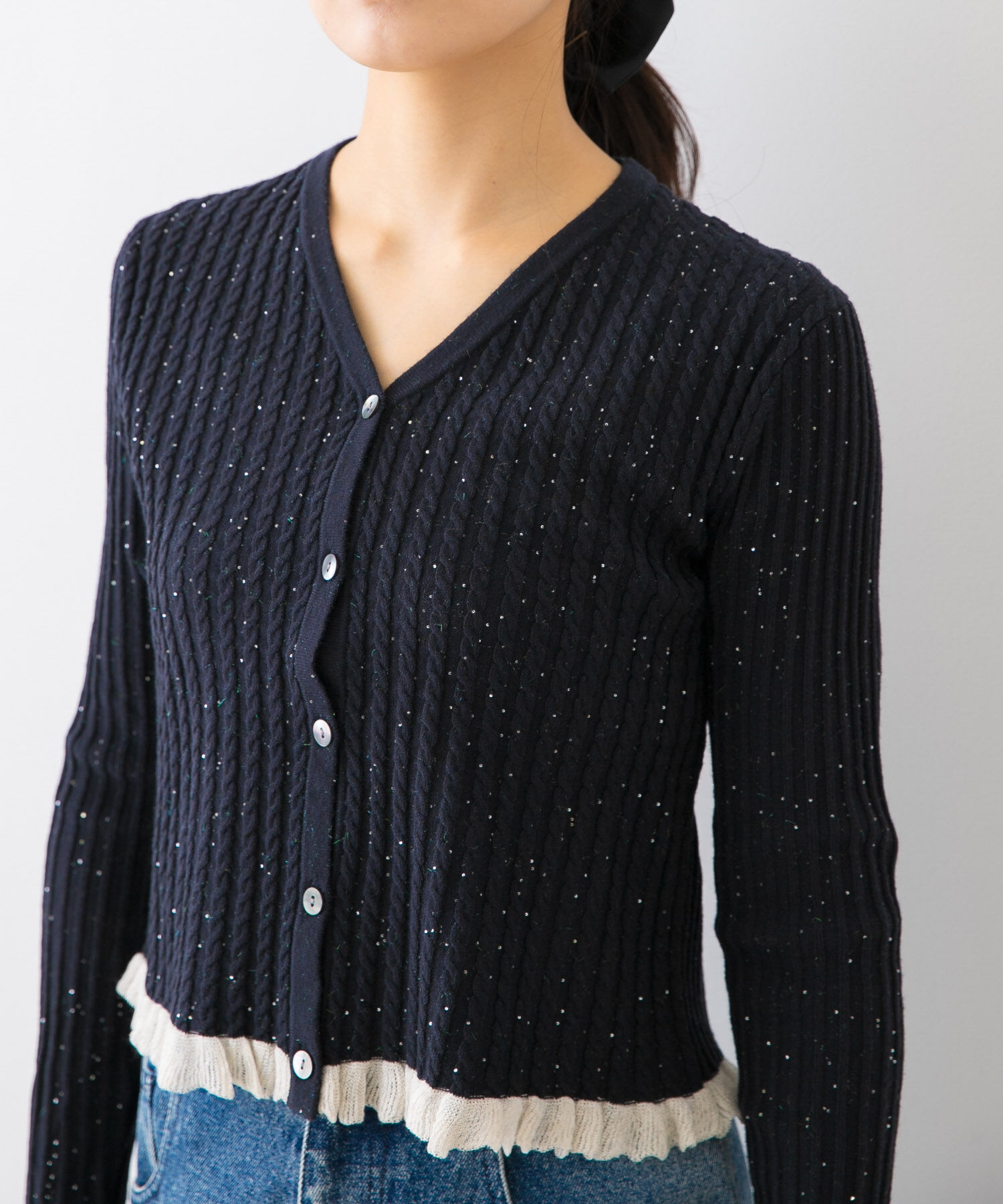 URBAN RESEARCH ROSSO「F by ROSSO　スパンコールフリルリブカーディガン」|カーディガン|