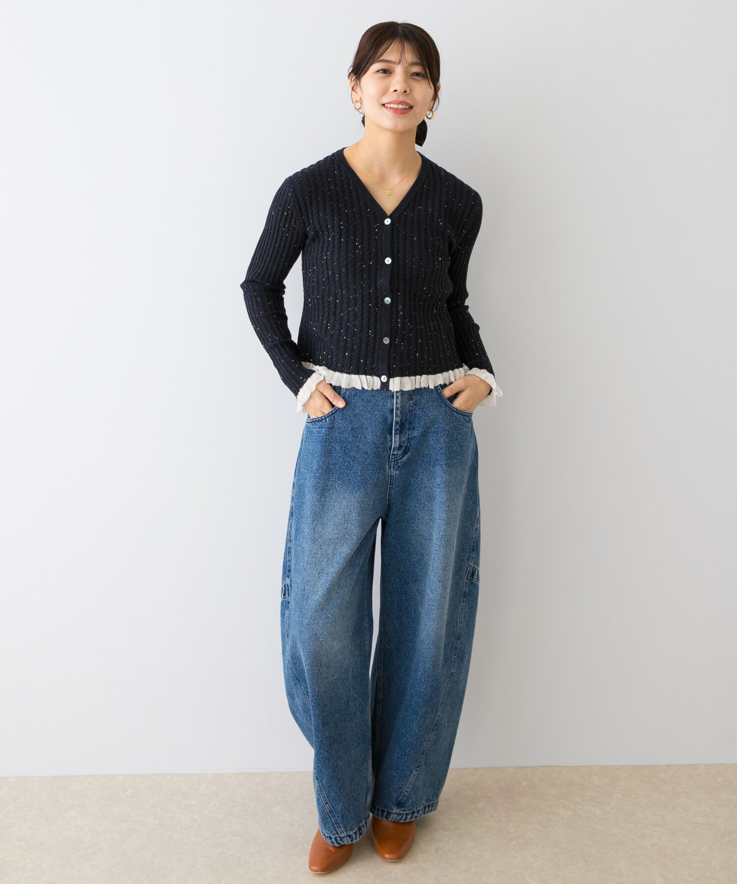 URBAN RESEARCH ROSSO「F by ROSSO　スパンコールフリルリブカーディガン」|カーディガン|