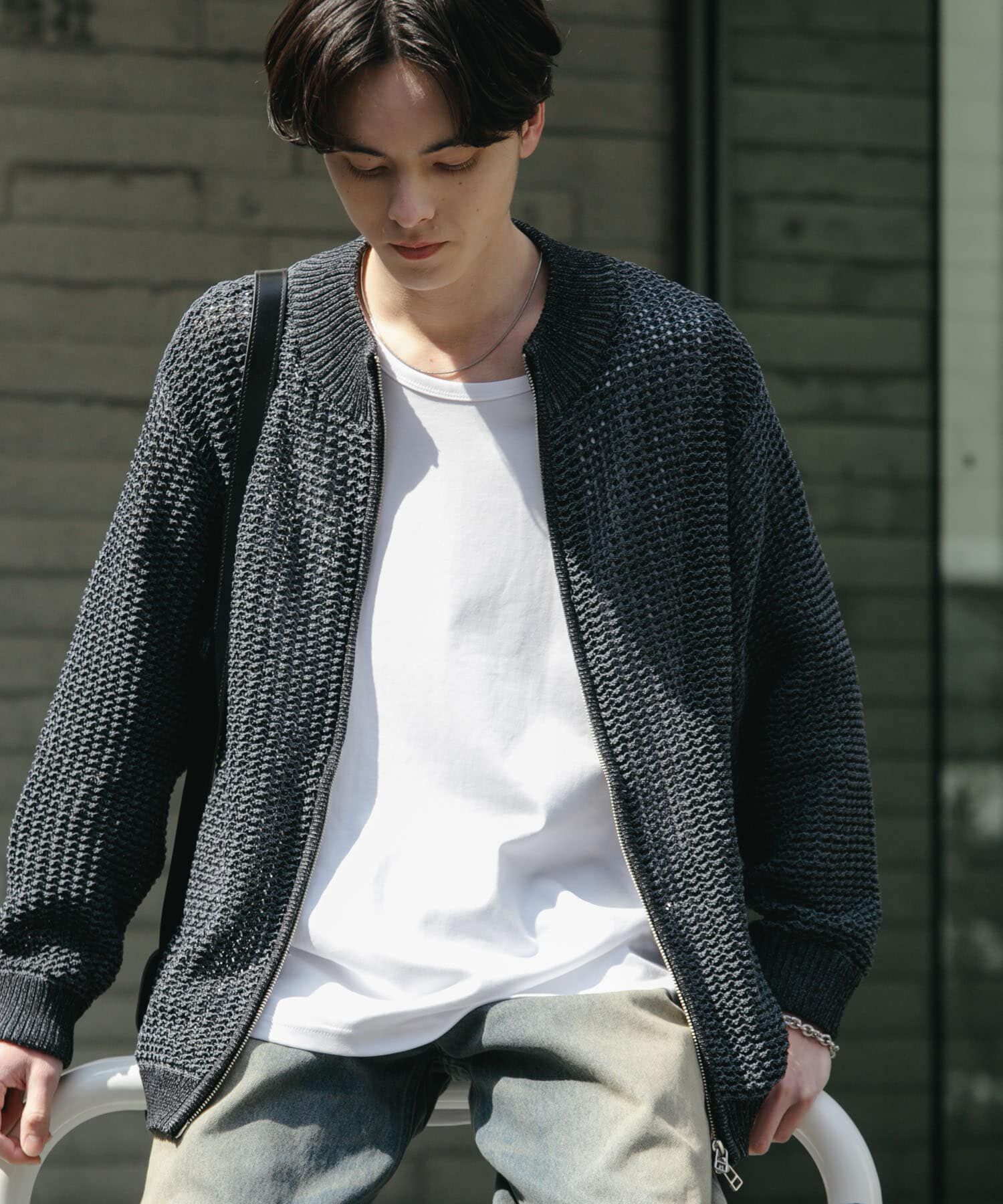 SENSE OF PLACE by URBAN RESEARCH「『ユニセックス』『洗濯可』シアーメッシュドライバーズカーディガン」|カーディガン|ブラック