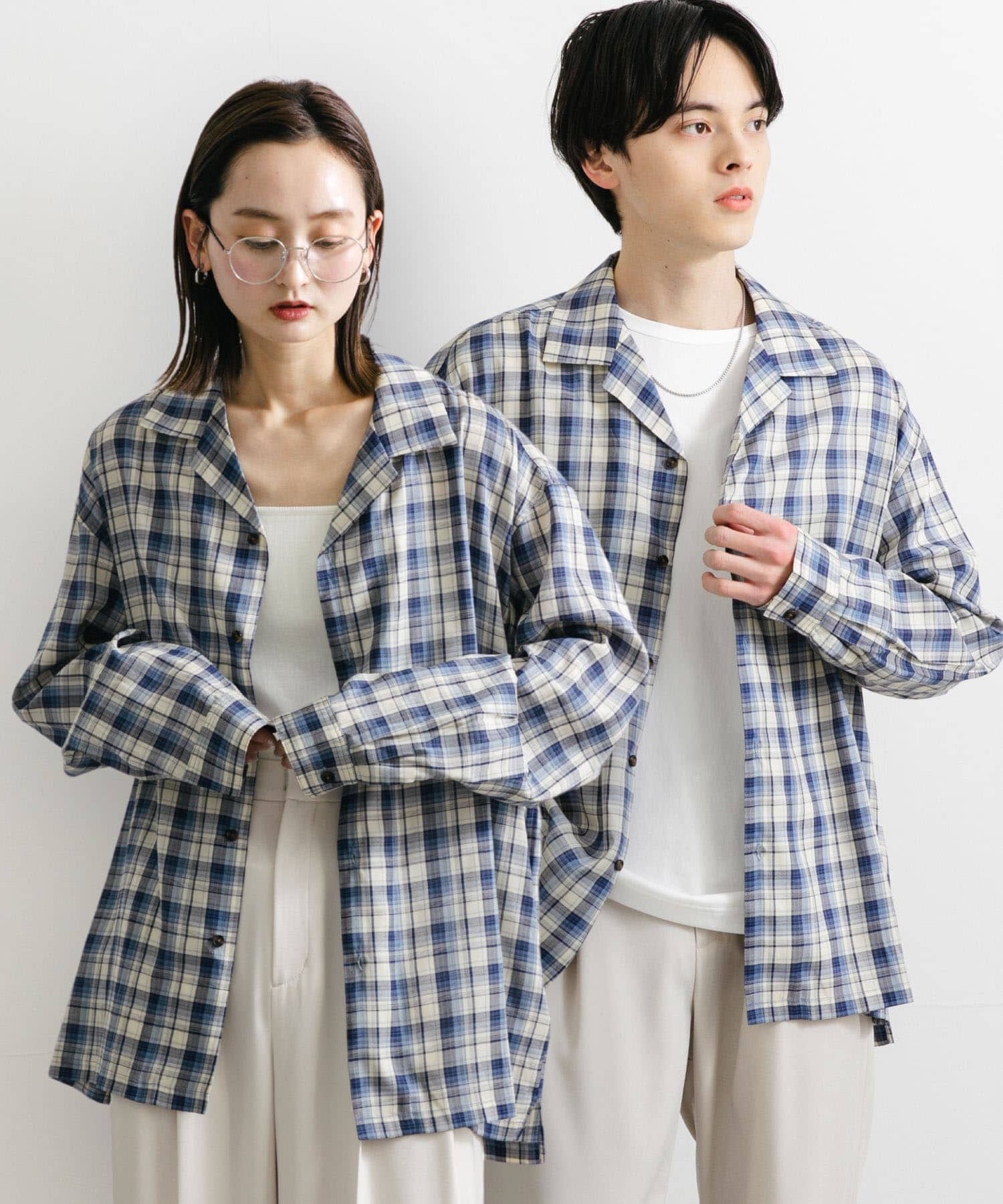 SENSE OF PLACE by URBAN RESEARCH「『ユニセックス』シアーチェックオープンカラーロングスリーブシャツ」|シャツ・ブラウス|ブルー