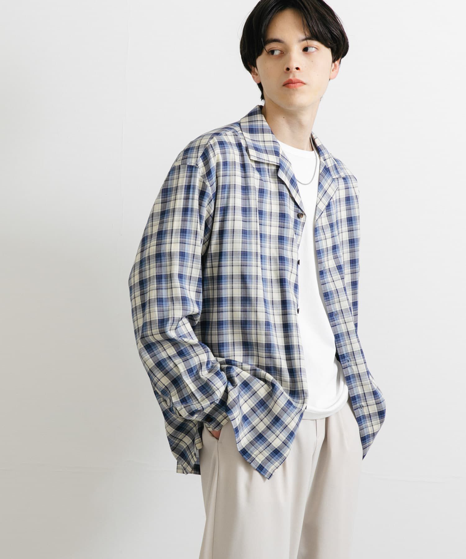 SENSE OF PLACE by URBAN RESEARCH「『ユニセックス』シアーチェックオープンカラーロングスリーブシャツ」|シャツ・ブラウス|