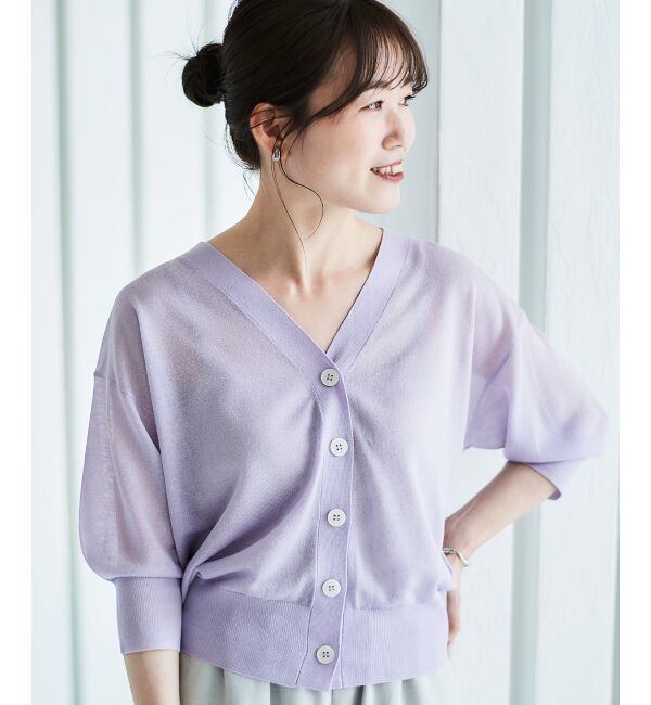 le.coeur blanc「《手洗い可能》シアーVネック7分袖カーディガン」|カーディガン|