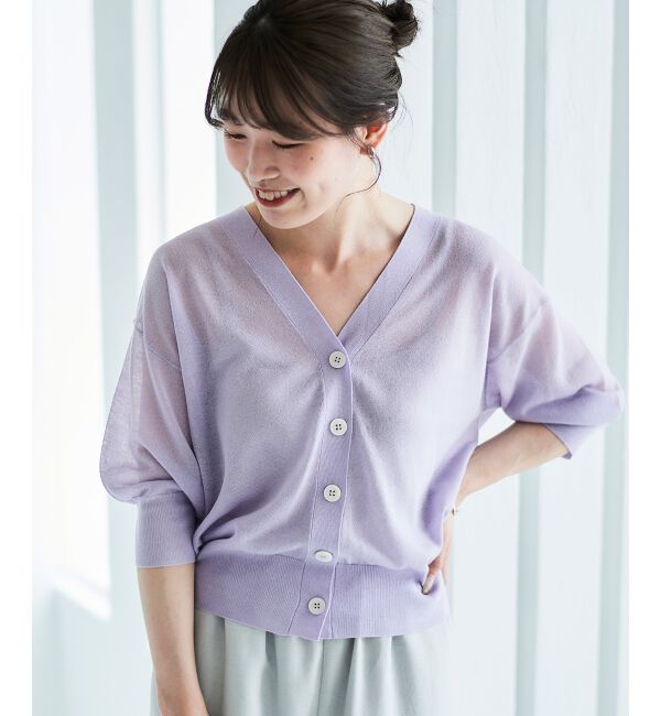 le.coeur blanc「《手洗い可能》シアーVネック7分袖カーディガン」|カーディガン|