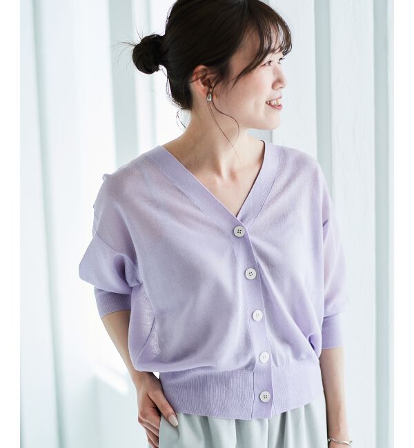 le.coeur blanc「《手洗い可能》シアーVネック7分袖カーディガン」|カーディガン|