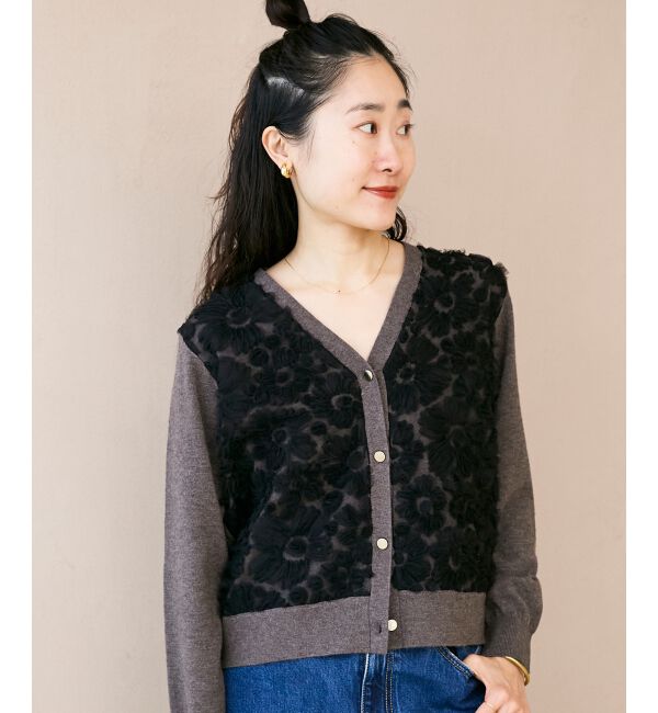  「《手洗い可能》フラワーチュール刺繍Vネックカーディガン」|カーディガン|