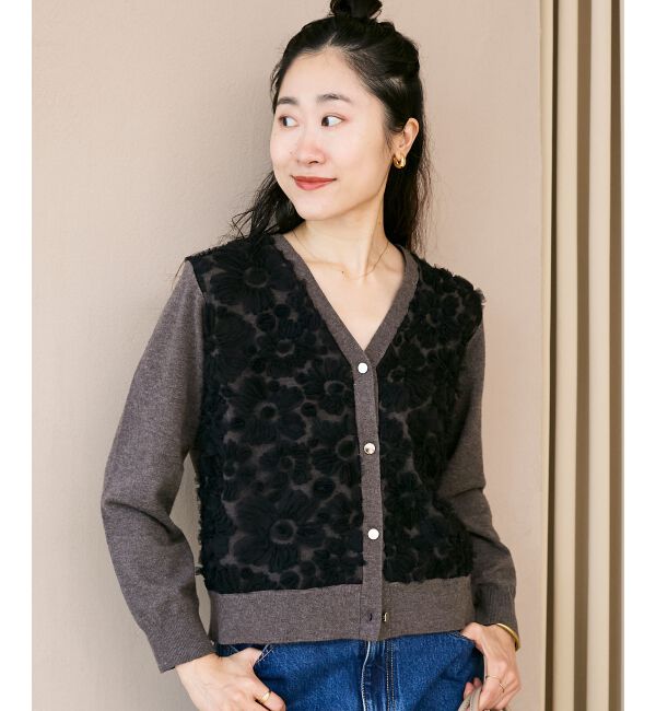  「《手洗い可能》フラワーチュール刺繍Vネックカーディガン」|カーディガン|
