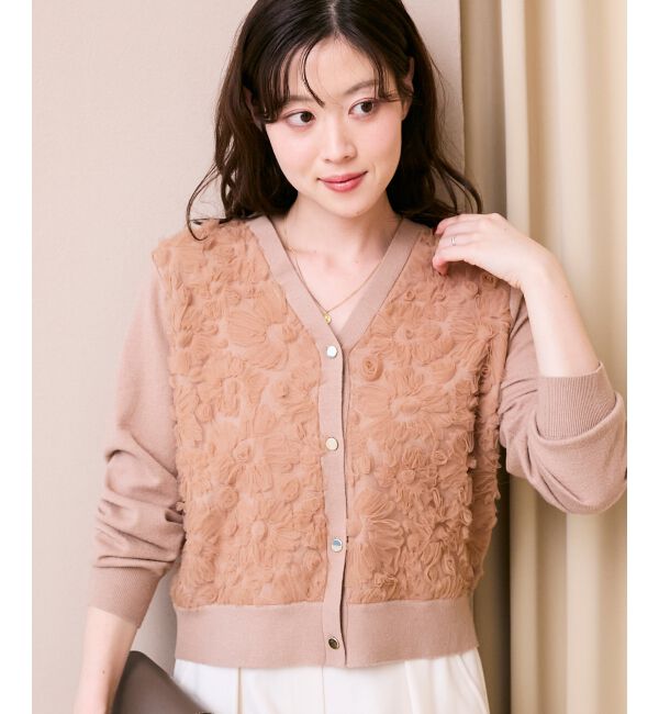  「《手洗い可能》フラワーチュール刺繍Vネックカーディガン」|カーディガン|