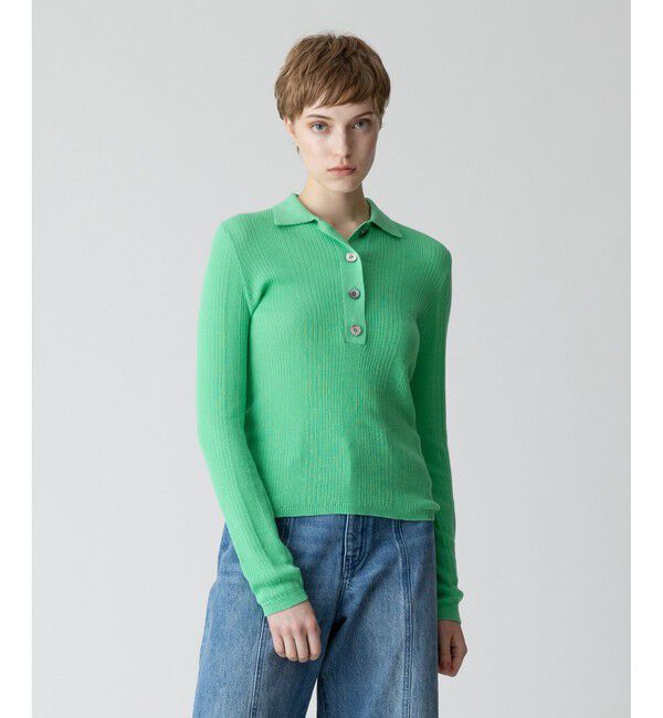 allureville「ランダムストライプニットポロ」|ニット・セーター|グリーン