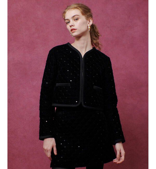 LOULOU WILLOUGHBY「【LOULOU WILLOUGHBY】ベロアキルティングショートジャケット」|ノーカラージャケット|