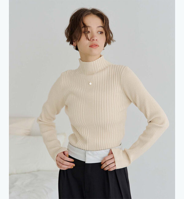 titivate「ランダムリブハイネックニット」|ニット・セーター|ライトベージュ