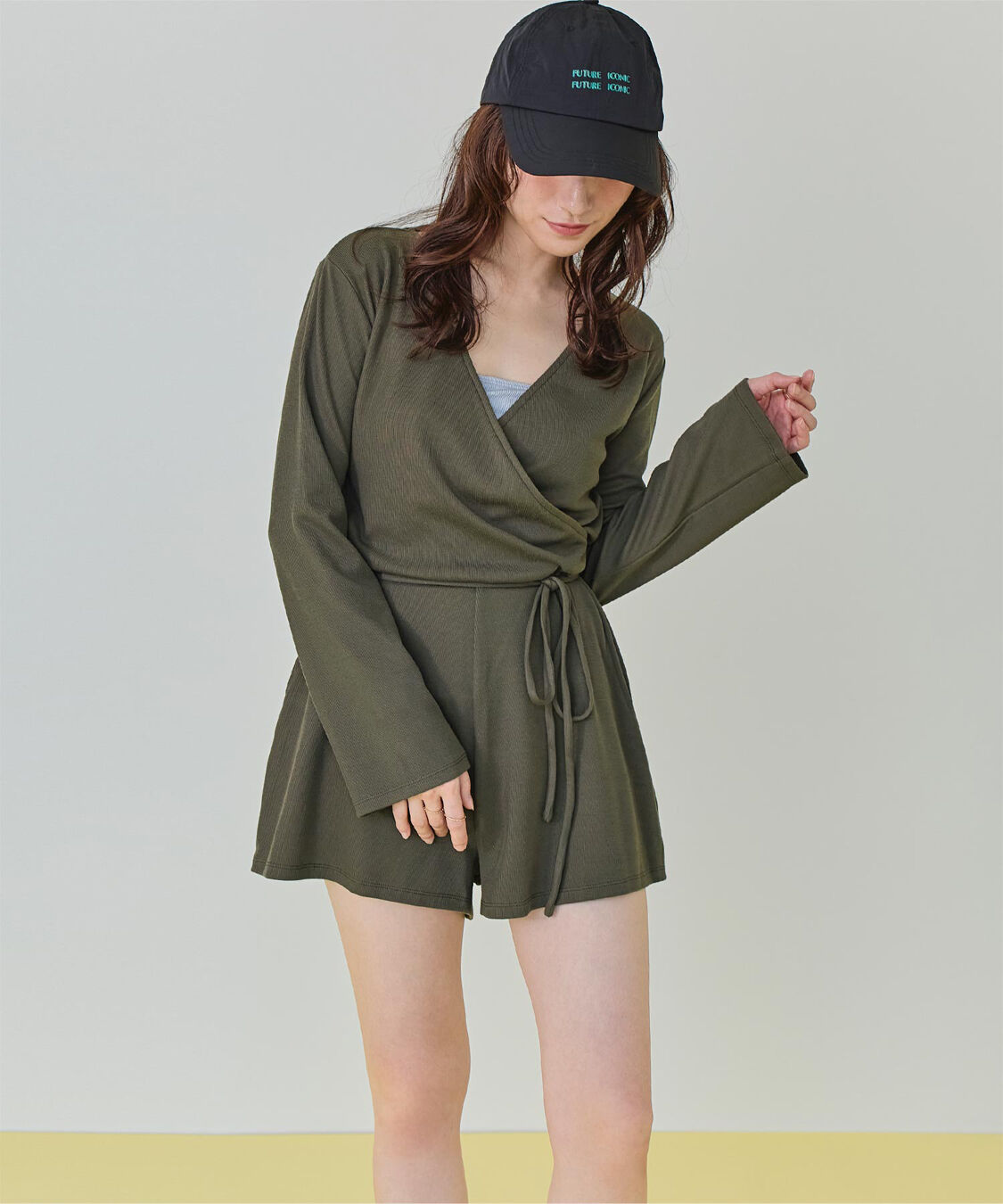 SEA DRESS「細リブカシュクールオールインワン」|コンビネゾン|カーキ