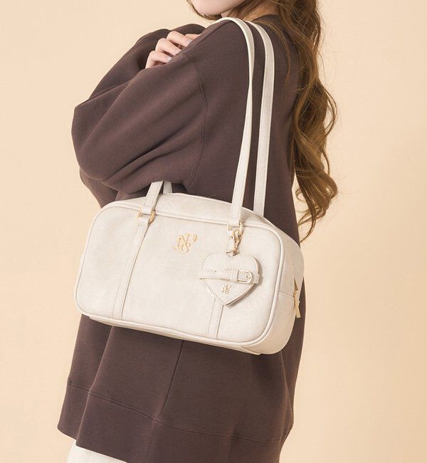  「ハートミラー付きスクエアボストンバッグ」|ショルダー・メッセンジャー|アイボリー