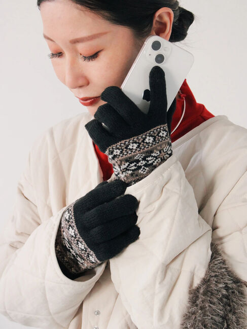 Samansa Mos2 blue「【スマホ対応】裏起毛雪柄グローブ」|手袋|ブラック