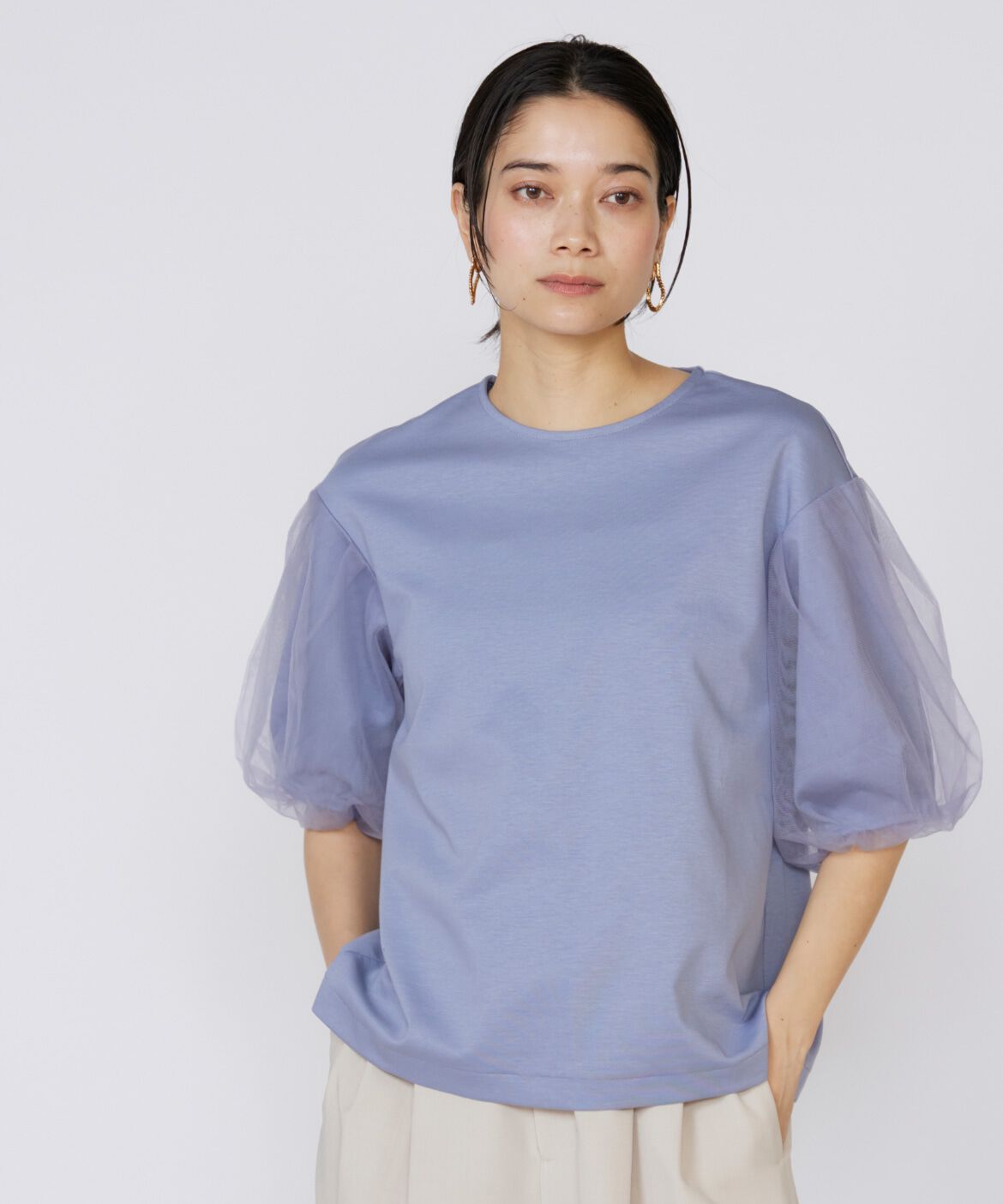 INED「《大きいサイズ》袖チュールカットソー」|Tシャツ・カットソー|