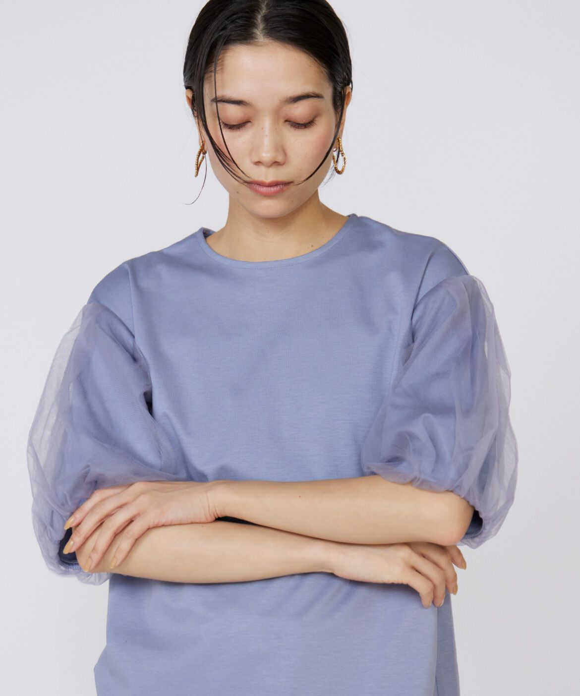 INED「《大きいサイズ》袖チュールカットソー」|Tシャツ・カットソー|